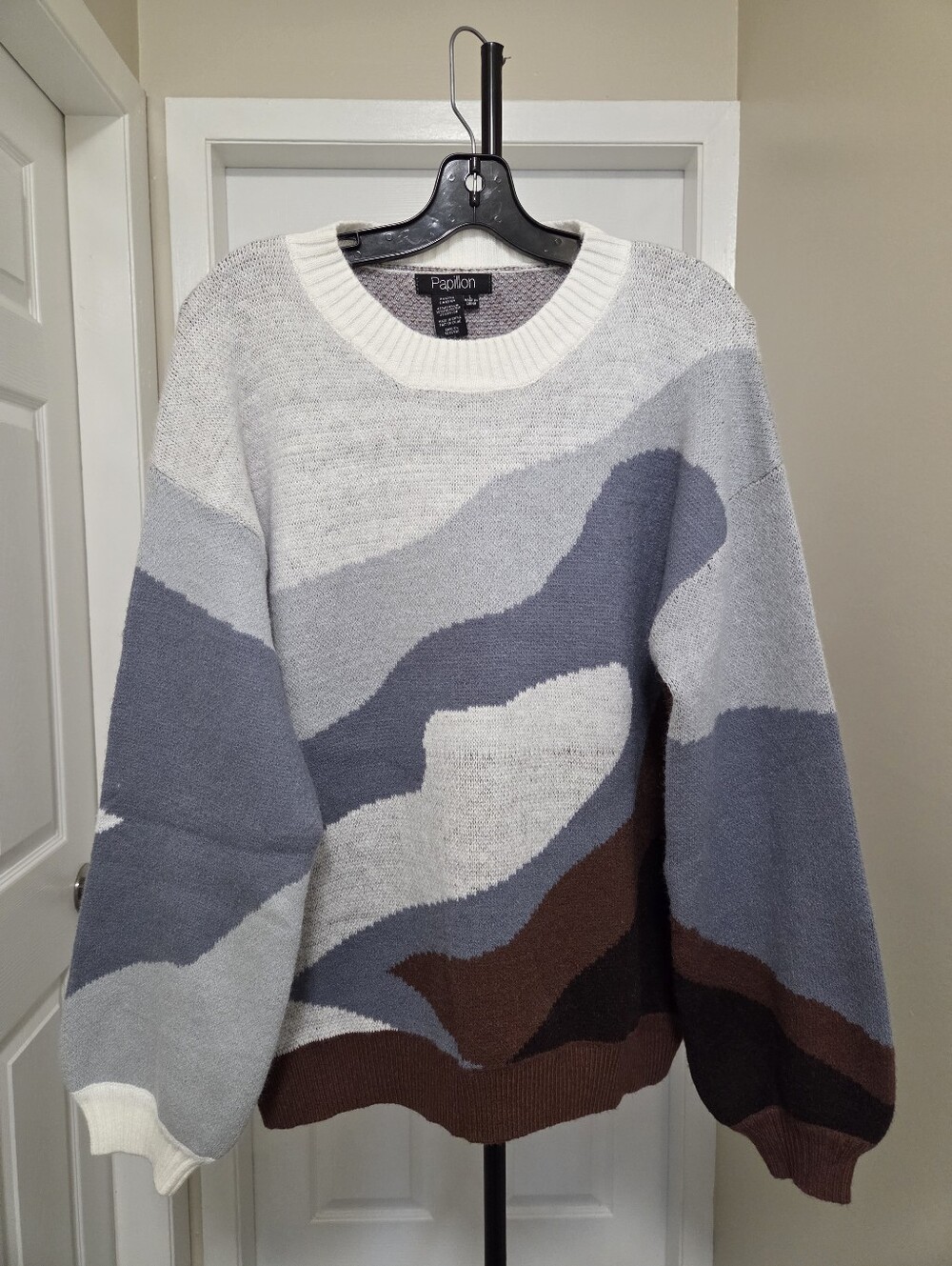 NWT Papillon Blanc Gray Blue Brown Colorblock Crewneck Knit Sweater Cozy Chic - Picture 2 of 8